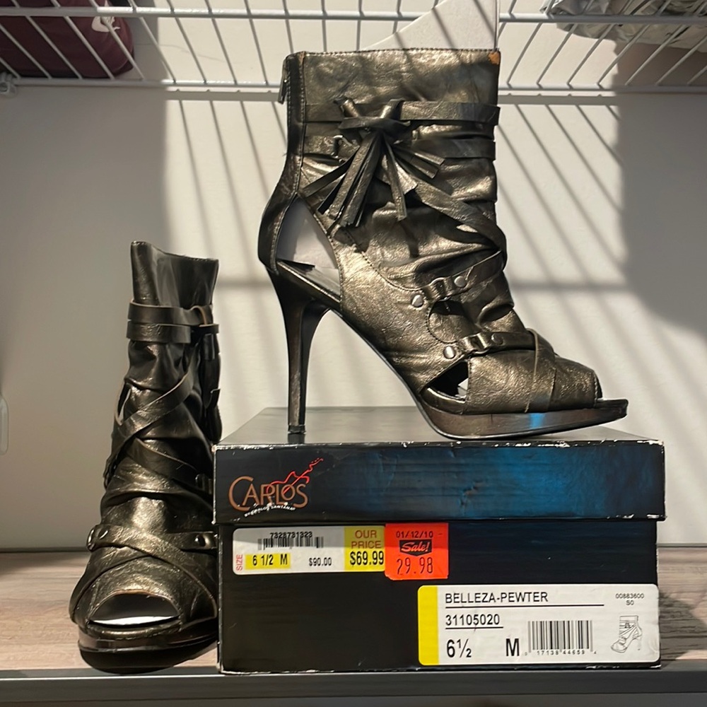 Pewter Carlos Santana open toed bootie.  Gently used, original box.